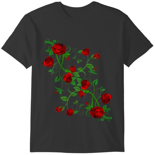 Red roses tendril with leaves rose pattern T-shirt
