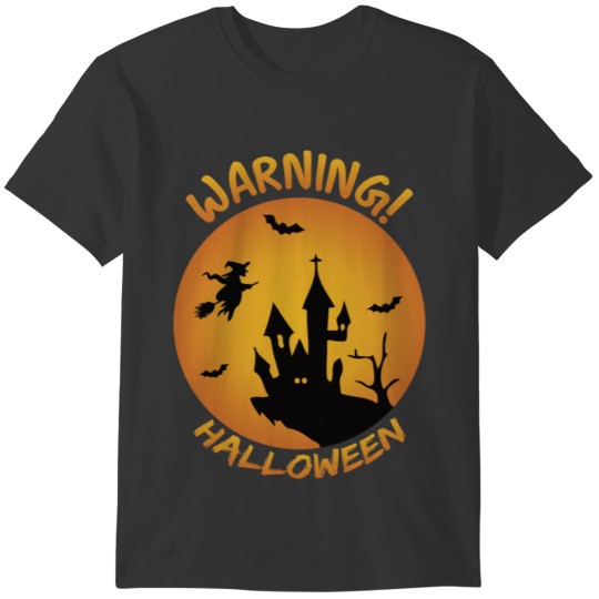 Warning Halloween witch on broomstick orange T-shirt