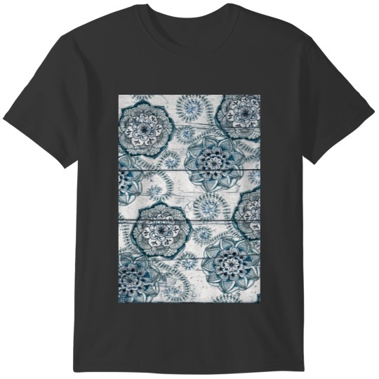 Shabby Chic Navy Blue doodles on Wood T-shirt