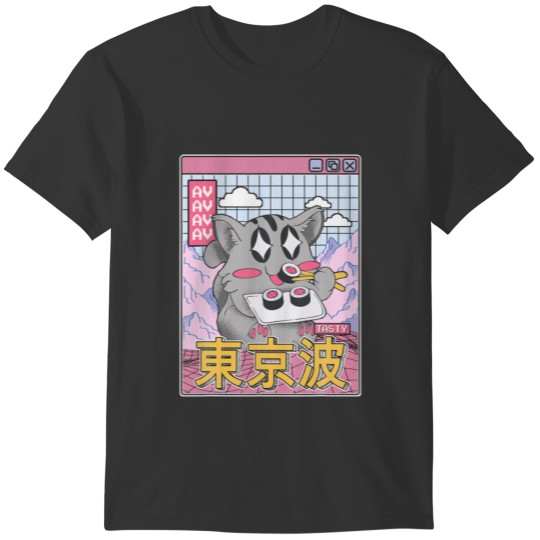 Happy Cat Eating Sushi Vaporwave Aesthetic Anime K T-shirt