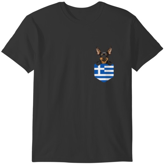 Greece Flag Miniature Pinscher Dog In Pocket T-shirt