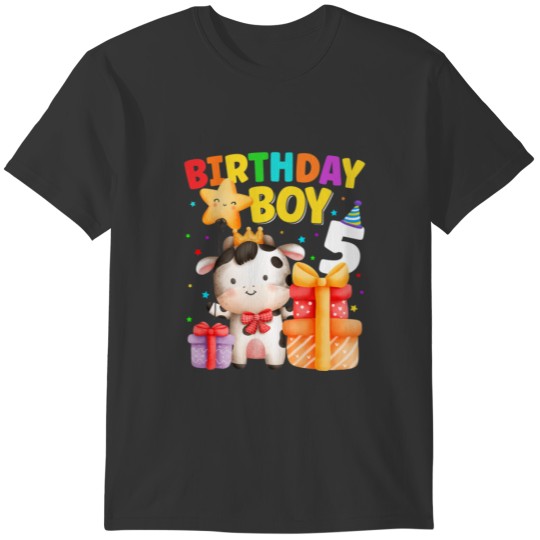 Funny 5 Year Old Birthday Boy 5Th Cow Farm Animals T-shirt