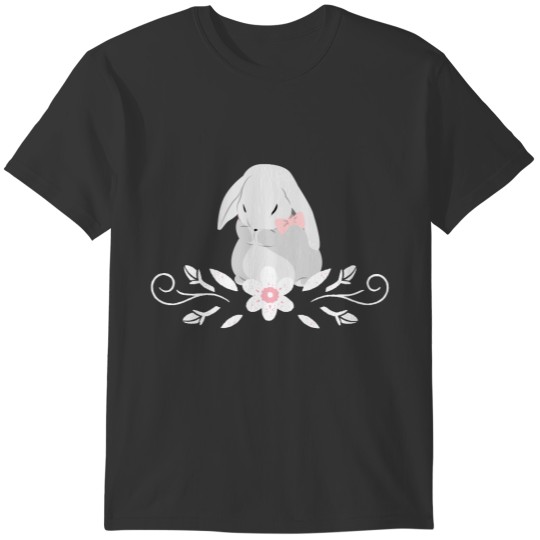 Cute White and Grey Bunny with White Flower T-shirt