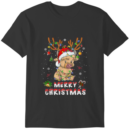 Light Santa Hat Mooey Christmas T Highland Cow Xma T-shirt