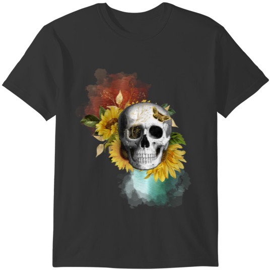 Sunflower Skull with Metal Abstract Background T-shirt