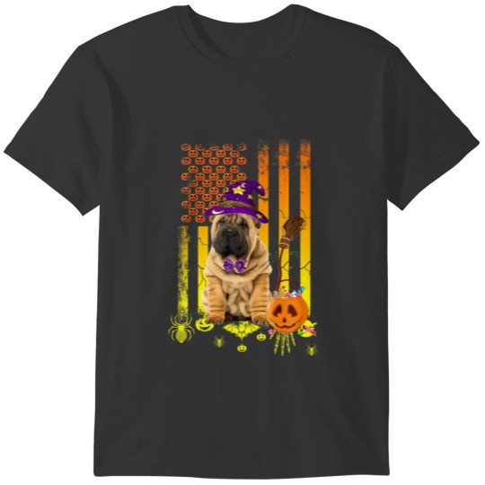 Shar Pei Dog Pumpkin American Flag Halloween Dog T-shirt