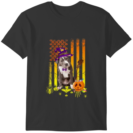 Pitbull Dog Pumpkin American Flag Halloween Dog T-shirt