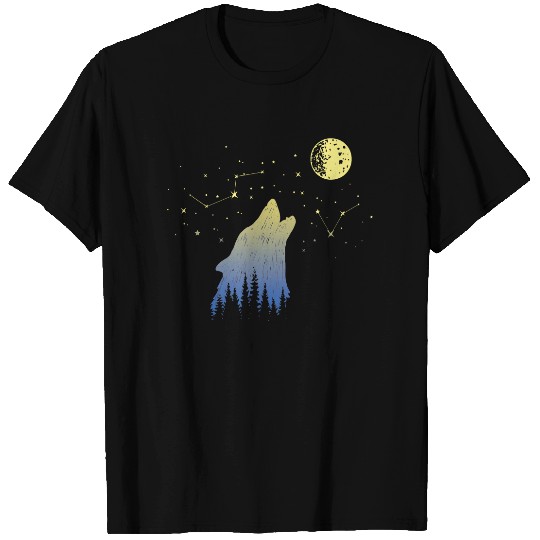 Wolf Howling at Stars Constellations and Moon T Shirt