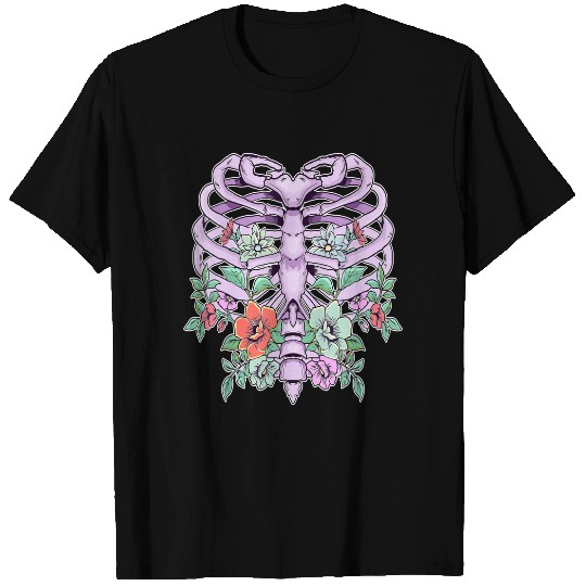 Pastel Goth Rib Cage Skeleton Flowers T Shirt