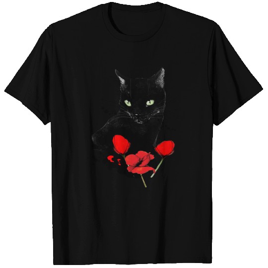 Black Cat and Red Poppies - Catshirt - T-Shirt