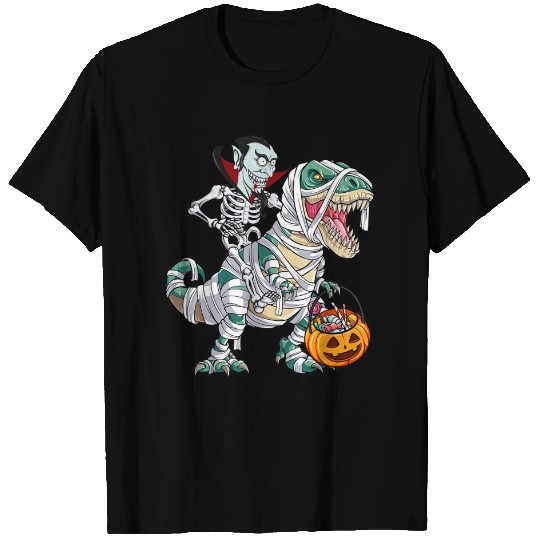 Skeleton Riding Mummy Dinosaur T-rex Halloween Dracula T-Shirt