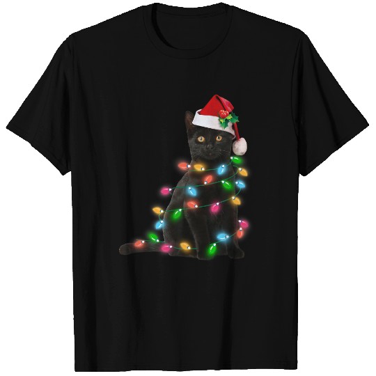 Black Cat christmas light T-shirt