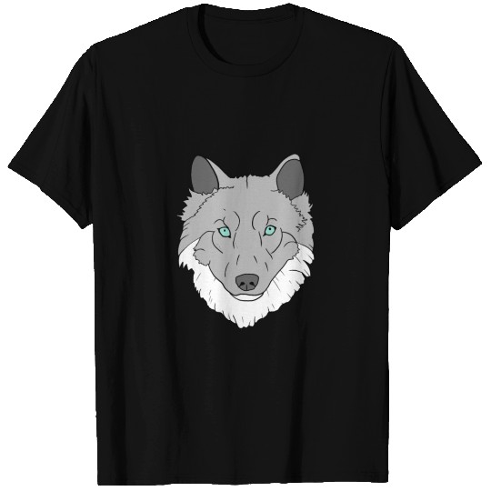 Grey and white Wolf head with blue eyes hand drawn T-shirt