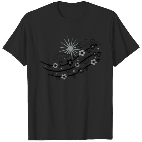 Discover Sun with clouds, rainbow and flowers. T-shirt