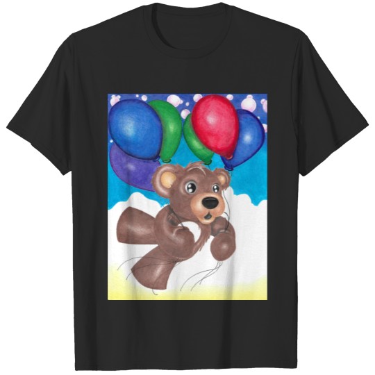 Discover Bear floating with balloons; T-shirt