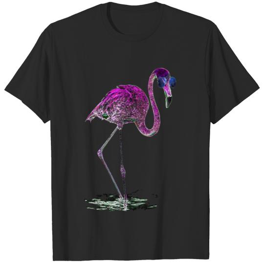 Discover Neon Color Pink Flamingo Sunglasses + Galaxy > T-shirt
