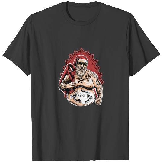 bad santa for white or bright tees w background T-shirt