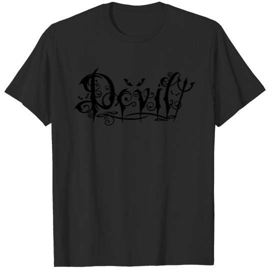 Discover Devil Tattoo lettering logo with pitchfork. T-shirt