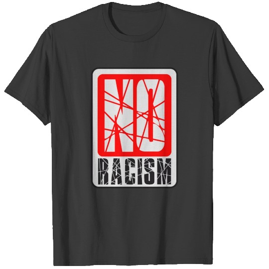 Discover button rectangle no racism logo text against chari T-shirt
