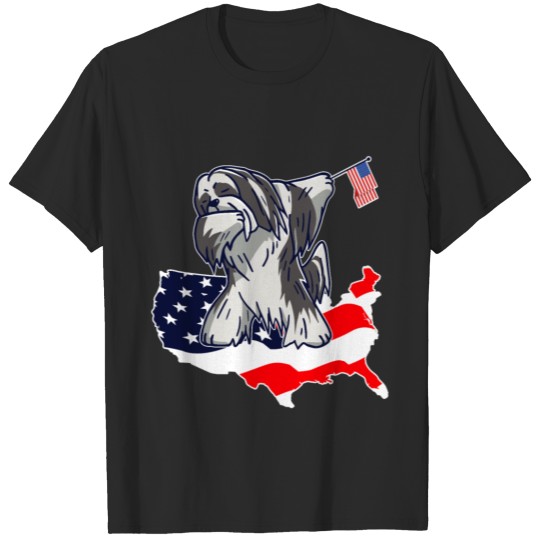Discover Funny Dabbing Lhasa Apso on American Flag Map T-shirt
