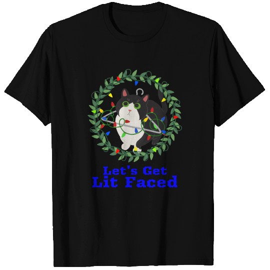 Let's Get Lit Faced | Funny Christmas Light Cat T-shirt