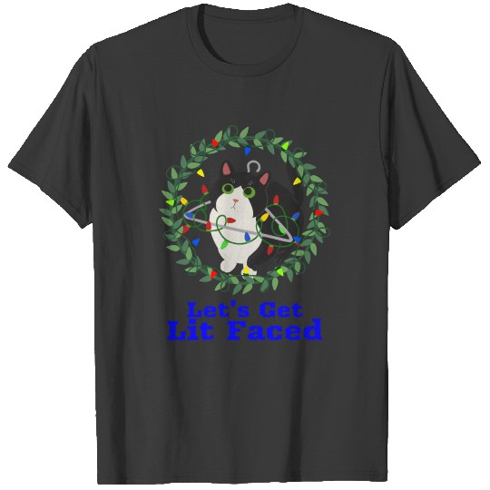 Let's Get Lit Faced | Funny Christmas Light Cat T-shirt
