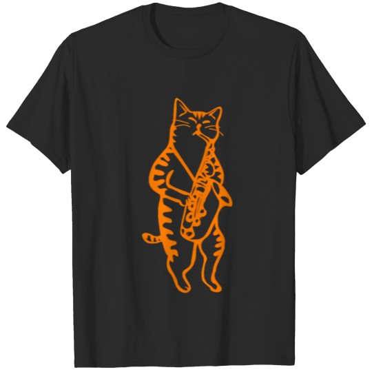 Discover Saxophone playing cat; orange T-shirt
