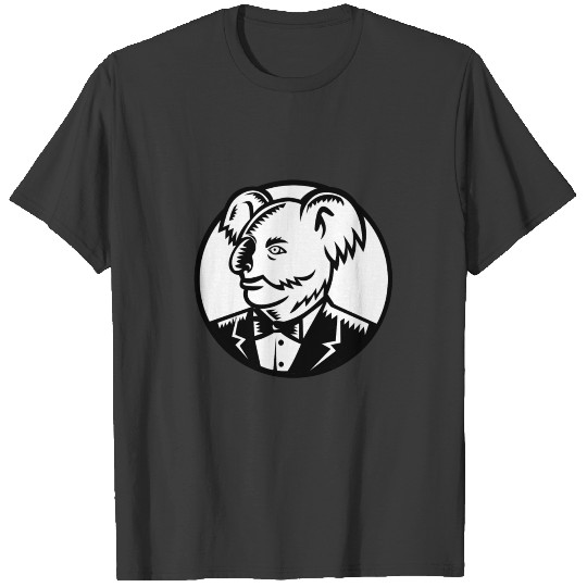 Koala Bear Wearing Tuxedo Woodcut T-shirt