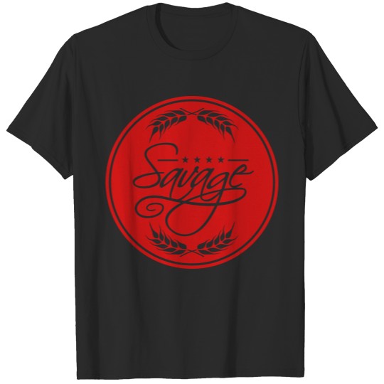 red savage circle round emblem shield lettering de T-shirt