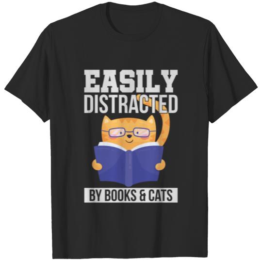 Discover Easily Distracted By Books And Cat T-Shirt Cat Tee T-shirt