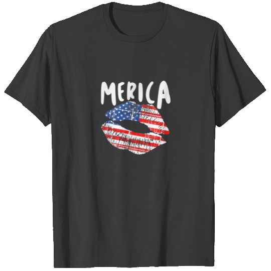 Womens 4th of July American Flag Lip Stick Merica T-shirt