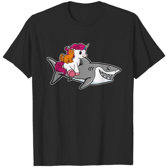 Discover Cat Cats Kitten Riding Funny Unicorn Shark Gift T-shirt