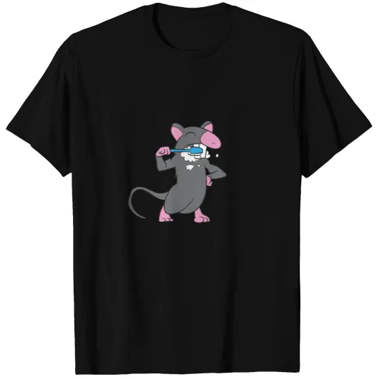 Rat brushes his teeth with a blue toothbrush T-shirt