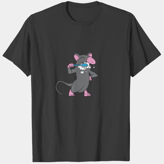 Rat brushes his teeth with a blue toothbrush T-shirt