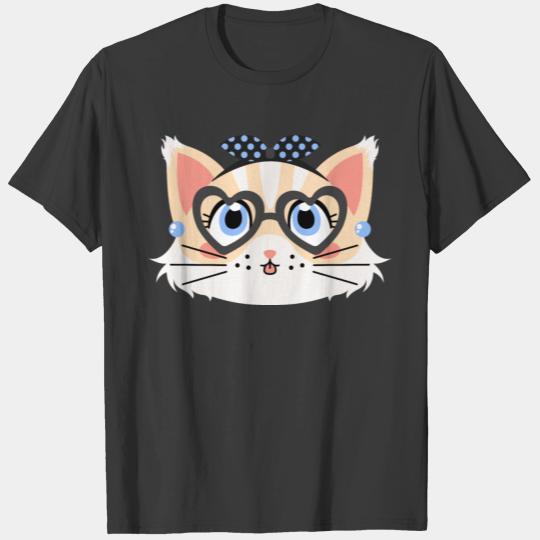 Retro Pin-up Cat with Heart Glasses and Dotted Bow T-shirt