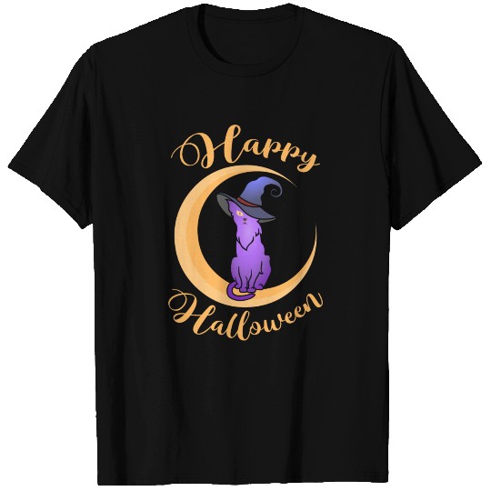 HAPPY HALLOWEEN Scary Funny Purple Cat Witch Hat T-shirt