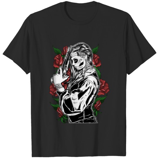 Discover Gangster Girl Sugar Skull Gun Bandit Roses Gift T-shirt