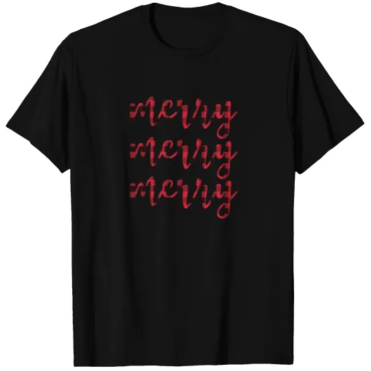 Plaid Christmas Merry Merry Merry Cursive Writing T-shirt