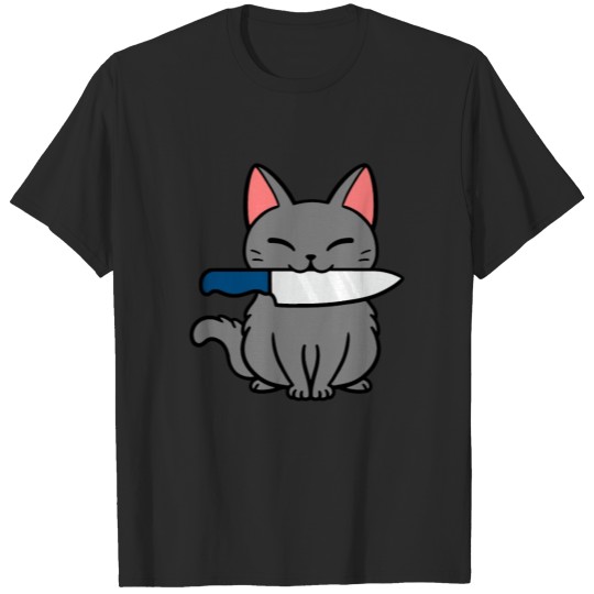 Discover Cheerful cat with a knife T-shirt