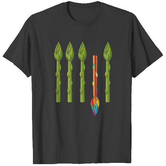 Four green asparagus and one colorful asparagus T-shirt