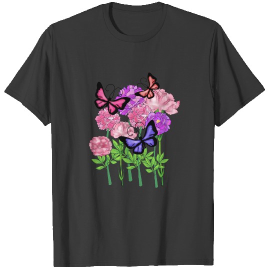 Butterfly flower pink peony and purple carnation T-shirt