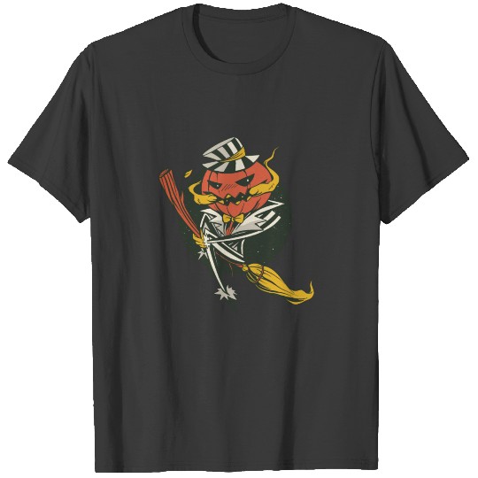 Pumpkin head flies on witch broom T-shirt