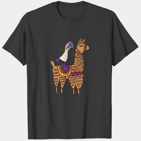 Funny Blue-footed Booby Bird Riding Llama T-shirt