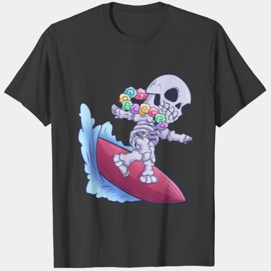Skeleton surfing in the sea with flower necklace T-shirt