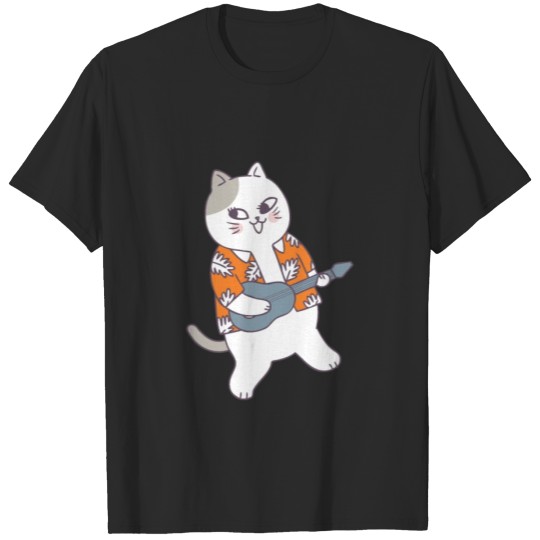 Discover Cute Hawaii Cat Playing Guitar Feline Lover T-shirt