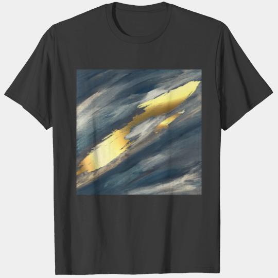 Navy Blue Paint Brushstrokes Gold Foil Abstract T-shirt