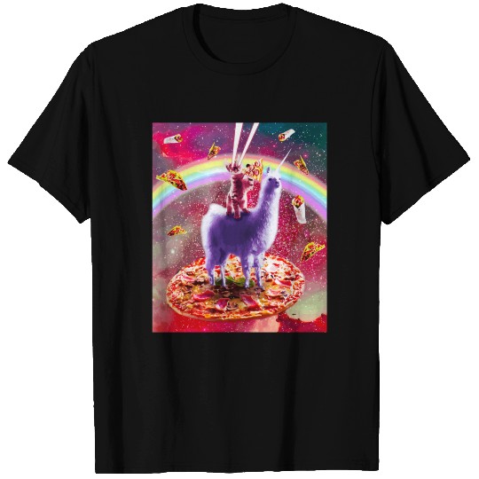 Laser Eyes Outer Space Cat Riding On Llama Unicorn T-shirt