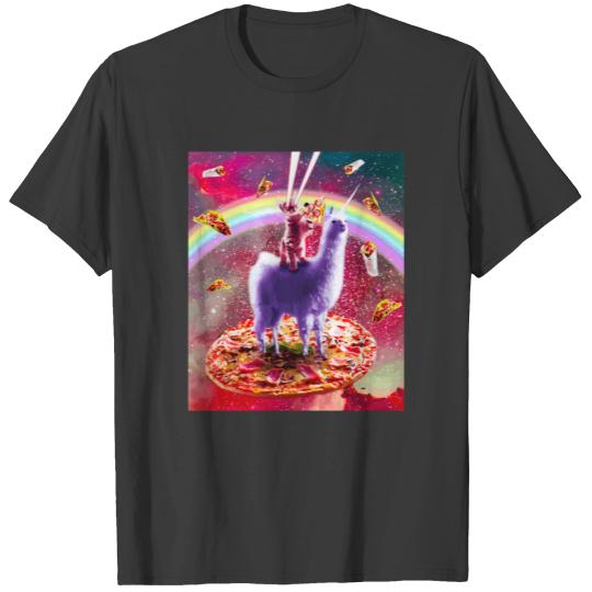 Laser Eyes Outer Space Cat Riding On Llama Unicorn T-shirt