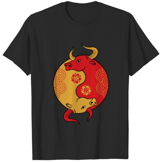 Discover Ox ying and yang cool animal circle red and yellow T-shirt