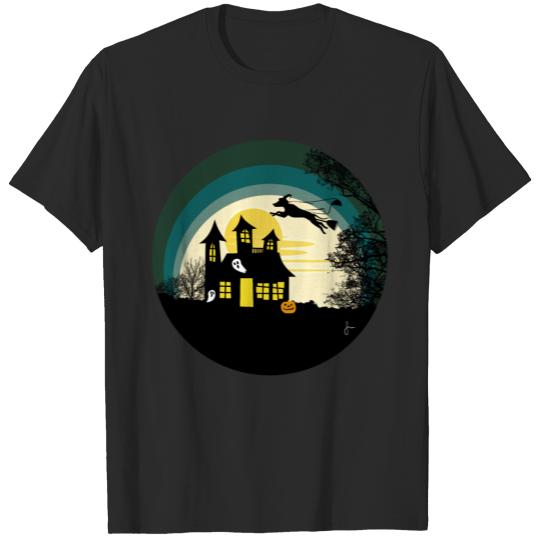 Discover Halloween Haunted House Flying Greyhound Witch T-shirt